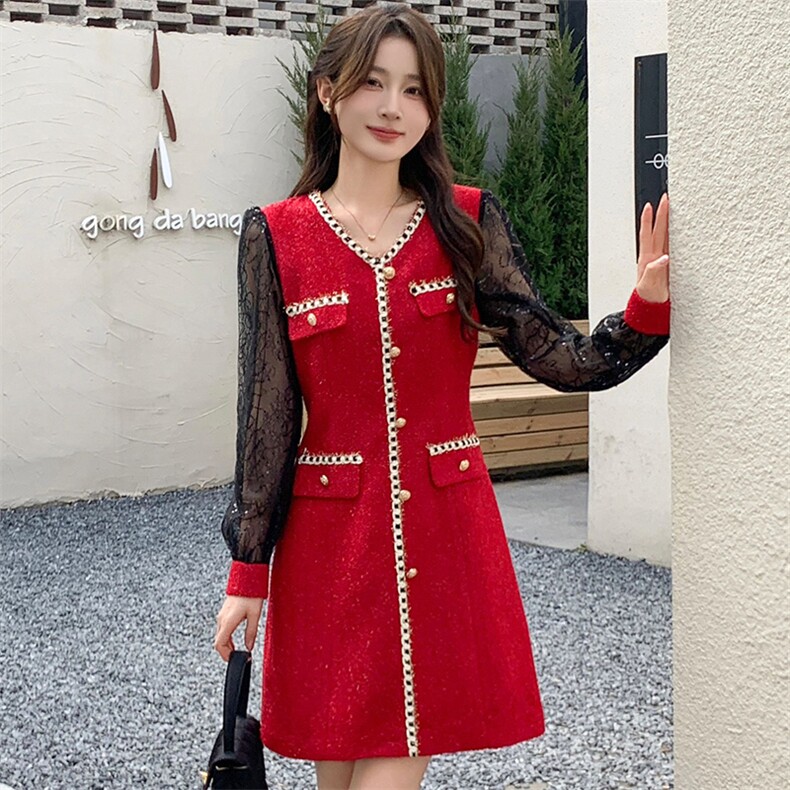 2025春装新款气质风小香风连衣裙女长袖蕾丝拼接修身显瘦A字裙，女装连衣裙，超帛