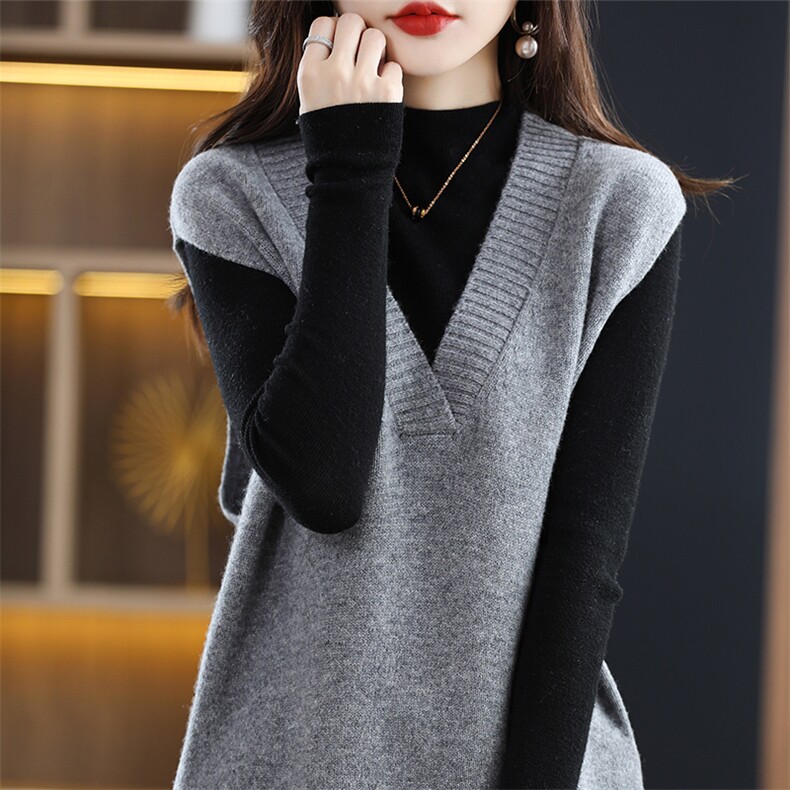 马甲女针织背心春秋小香风韩版中长款宽松大v领坎肩百搭毛衣1，女装马甲，唯若美羊绒