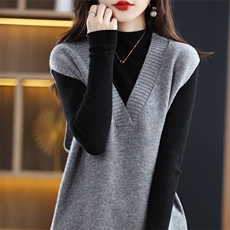 马甲女针织背心春秋小香风韩版中长款宽松大v领坎肩百搭毛衣1，女装马甲，唯若美羊绒