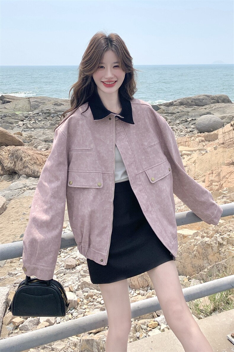 粉紫色扎染时尚工装短款夹克外套女2025秋季新款韩系甜酷气质上衣,女装短外套,2C198