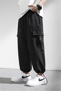 7XL-M港风条纹裤子男夏季新款潮胖子痞帅宽松直筒裤加大码九分裤图片