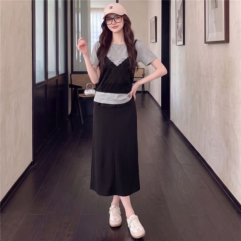 高级感时尚休闲套装女夏新款圆领蕾丝拼接上衣开叉半身长裙两件套图片