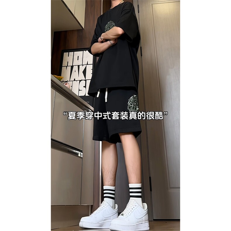 量大优供视频菠萝格套装刺绣短袖短裤男大码M-5XTZ27-特P48,男装休闲套装,电商B325