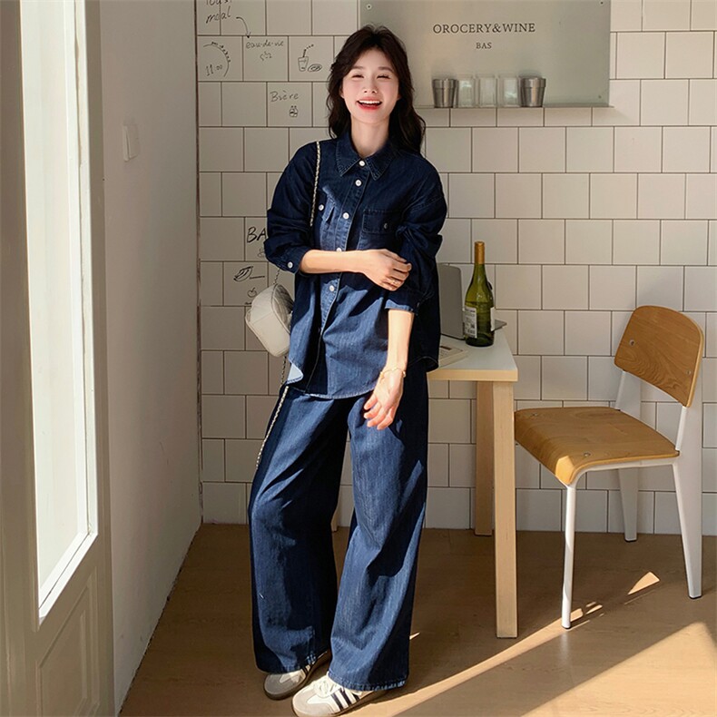 港风复古牛仔套装女2025新款酷飒拽姐开春穿搭高级感阔腿裤两件套,女装套装/套裙,2C085