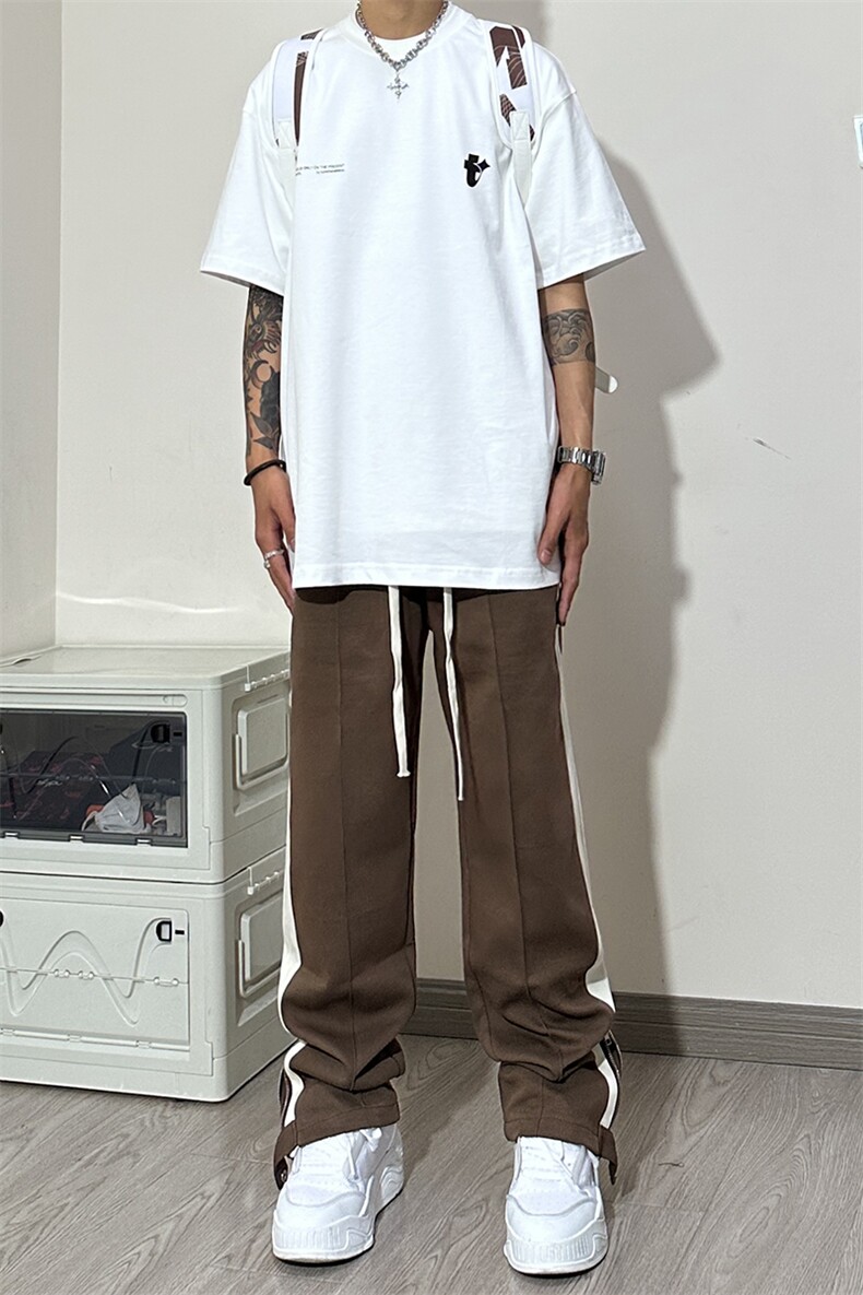 抖音品质YK63P68控98高街显瘦休闲美式条纹拼接拉链休闲长裤,男装休闲裤,电商A249