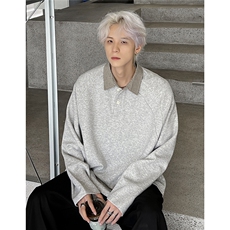 美式假两件撞色格子拼接长袖T恤男女翻领宽松套头上衣W101-P48，男装T恤，电商C307