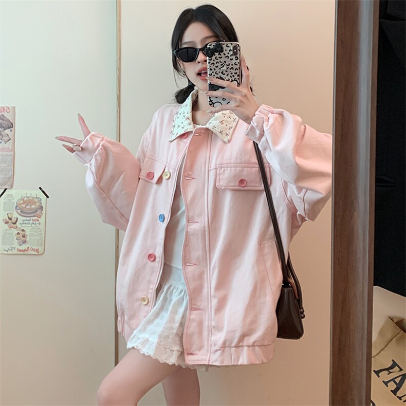 粉色小碎花牛仔外套女春秋季新款设计感撞色翻领夹克上衣C840-P98,男装工装外套,星座911-2(原星座613-2）