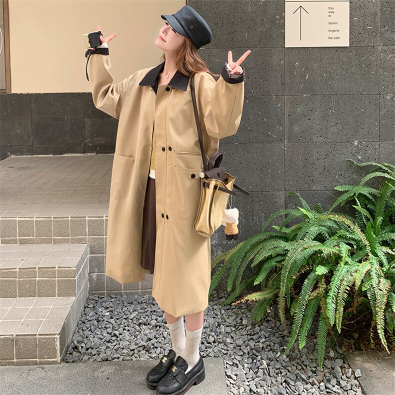撞色翻领长款卡其色风衣外套女春秋2025新款显瘦巨好看高级感大衣,女装风衣,2C169