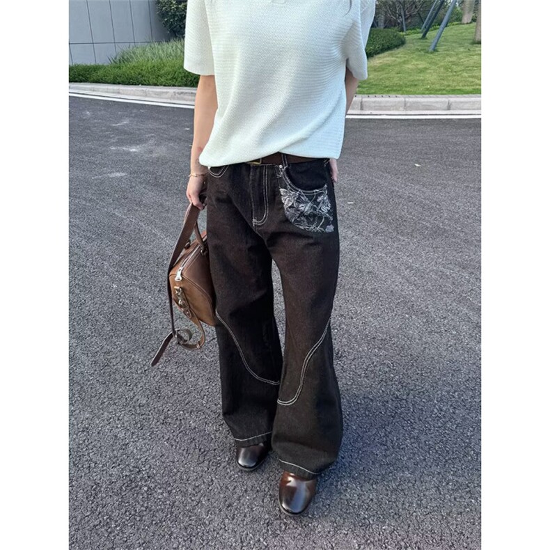 蛇迹A字版型提花拼接牛仔裤男潮牌美式cleanfit微喇宽松阔腿长裤,男装牛仔裤,四季星座505