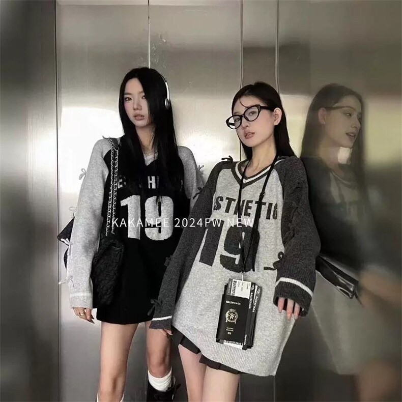MM113-P6524秋新款撞色V领立体蝴蝶结毛衣宽松慵懒套头针织上衣,男装针织衫/毛衣,星座617A-2
