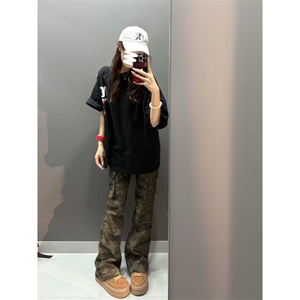 美式vibe高街迷彩多口袋修身工装裤嘻哈微喇裤男女K83096-P53网图图片