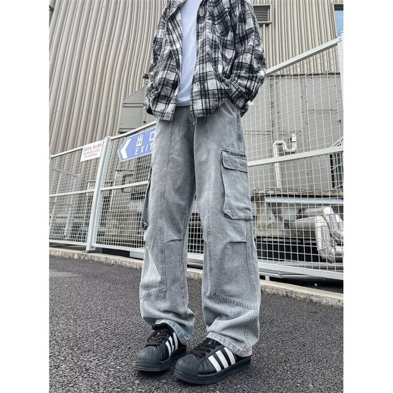 水洗工装牛仔裤春秋ins大口袋拼接长裤复古高街阔腿裤子N1129,男装牛仔裤,星座1116A-1（原606A）