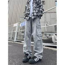 水洗工装牛仔裤春秋ins大口袋拼接长裤复古高街阔腿裤子N1129，男装牛仔裤，星座1116A-1（原606A）