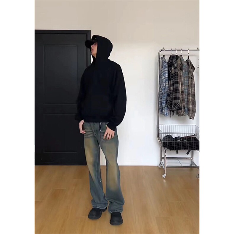 美式ins高街hiphop重工艺水洗微喇复古蓝牛仔裤货号K2320P55控78,男装牛仔裤,电商A063