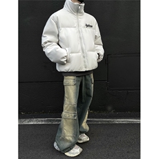 男装2026冬装宽松绣花PU皮棉衣港风大码棉服面包服外套S367-P128，男装棉衣，电商A233-1