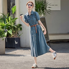 高级感薄款牛仔连衣裙女夏季2025新款收腰气质复古休闲短袖衬衫裙，女装连衣裙，E百度