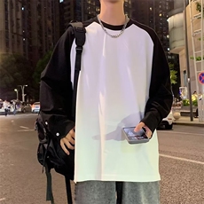 2023港风文艺插肩长袖T恤撞色复古百搭圆领打底衫，男装T恤，星座716-4