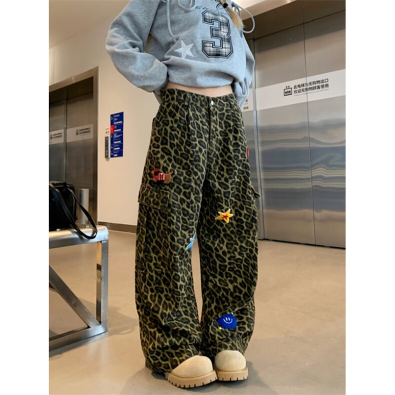 秋季豹纹牛仔裤女复古设计感宽松高腰直筒百搭休闲阔腿裤KN7054,男装牛仔裤,星座1116A（原606A-3）