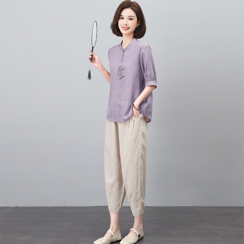 长期有货夏季新款休闲时尚高端苎麻两件套中年妈妈洋气减龄棉麻潮,女装套装/套裙,璐依舞