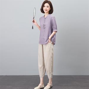 长期有货夏季新款休闲时尚高端苎麻两件套中年妈妈洋气减龄棉麻潮图片