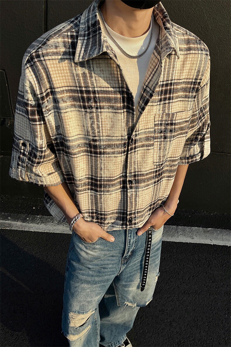 2026夏季新款扎染格子短袖衬衫男美式复古休闲衬衣-A2012TP45控78,男装衬衫,电商B241
