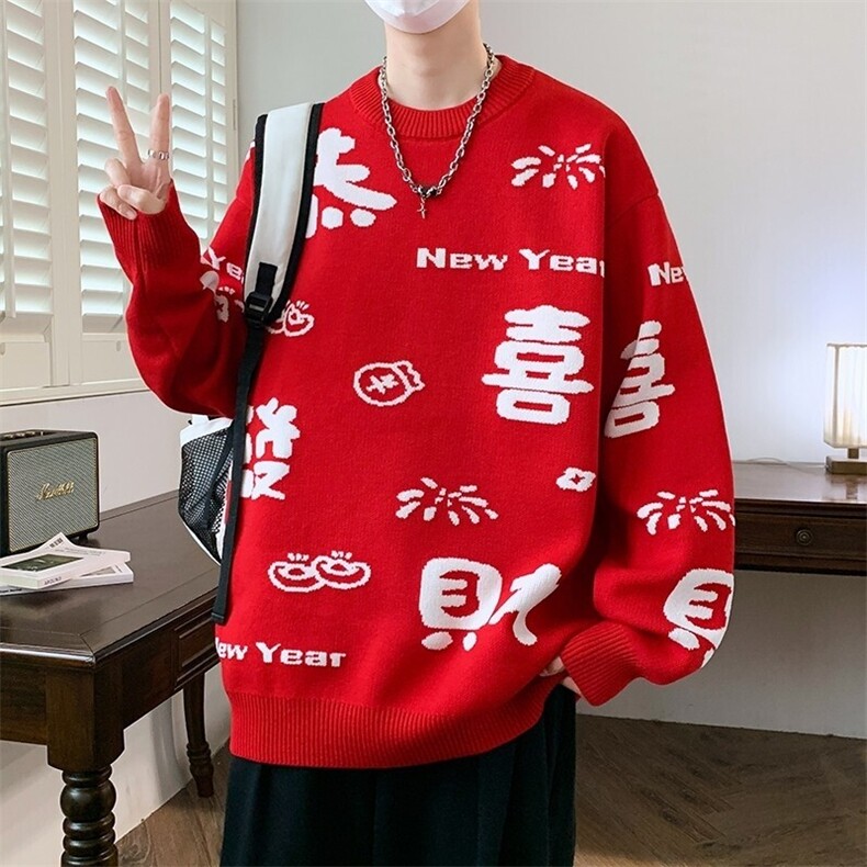 76279-特P60本命年毛衣男士秋冬季大红色潮牌潮流加厚打底针织衫,男装针织衫/毛衣,电商D310B