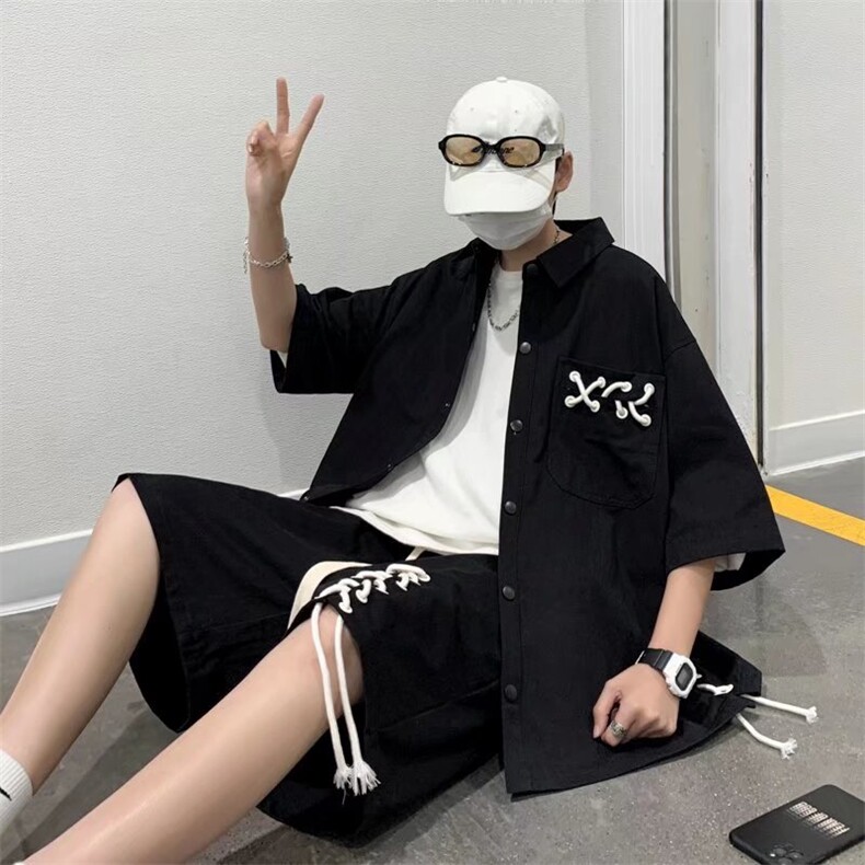 网红炸街套装发型师潮牌男装高级感衬衫短裤两件套TA06P50,男装休闲套装,星座1116-2