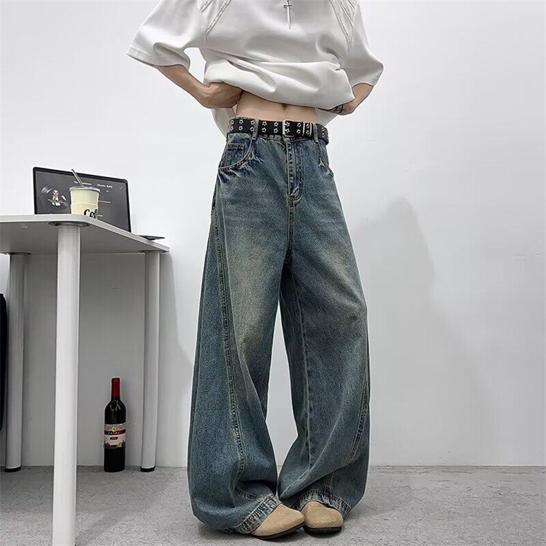 小众设计感廓形弯刀裤男美式古着做旧牛仔裤宽松显瘦休闲阔腿裤子图片