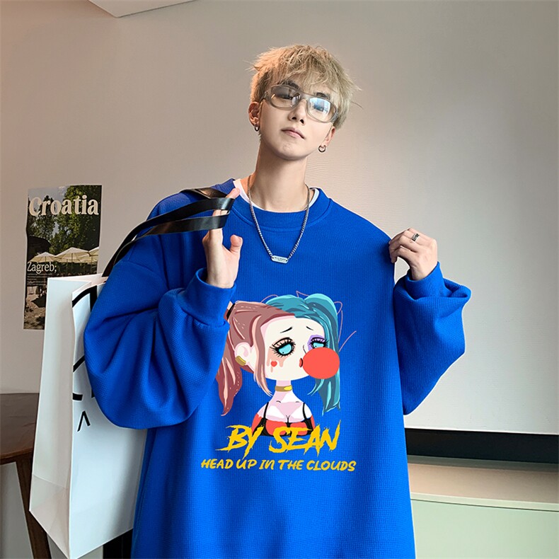 华夫格卫衣圆领卫衣男大码长袖t恤男外套HW76298-P30加绒款-P40,男装卫衣,电商A040