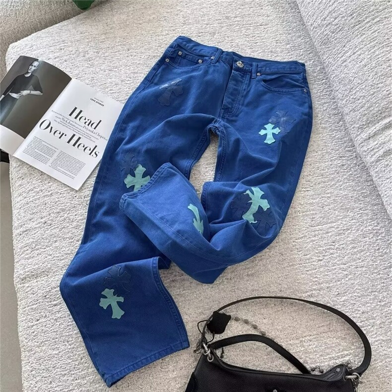 美式复古高腰蓝色牛仔裤春秋季辣妹高街设计感宽松显瘦窄版直筒裤,男装牛仔裤,四季星座505