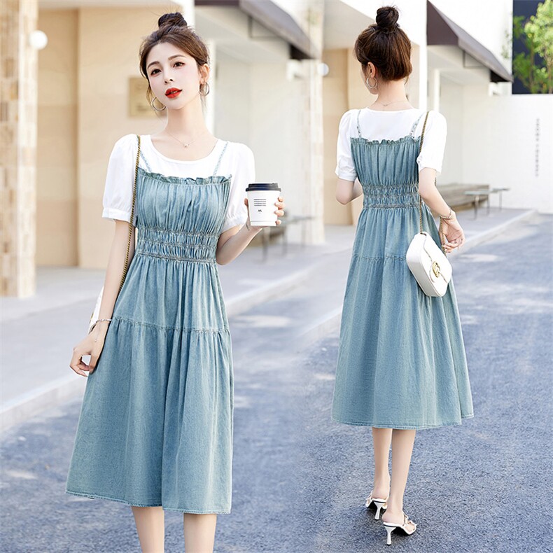 欧货百搭牛仔连衣裙女2024年夏季新款拼接假两件收腰修身过膝长裙，女装连衣裙，布芭啦