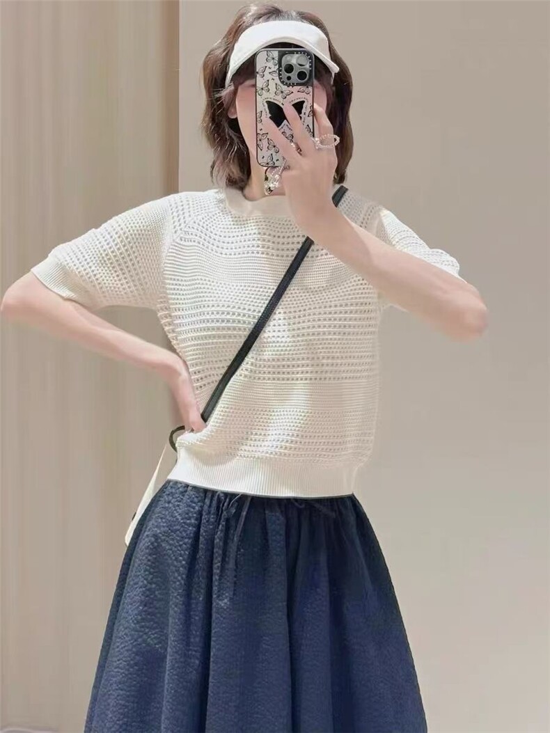 针织全棉短袖女夏薄款高级感宽松短款T恤镂空圆领优雅上衣,女装T恤,百纯羊绒