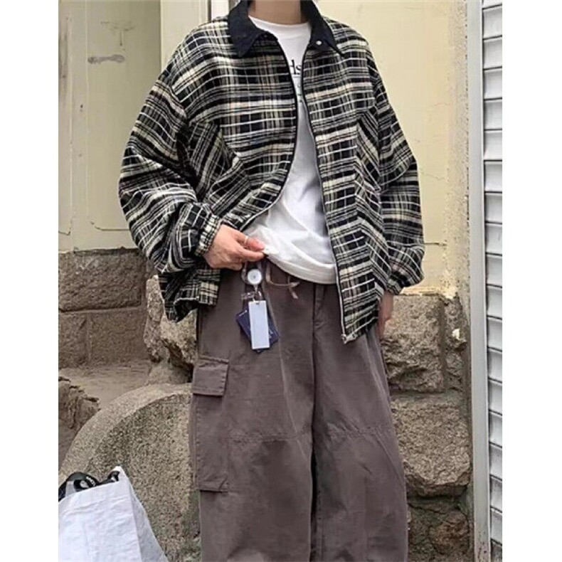 春秋季黑白格纹翻领夹克男款日系复古风街头拉链外套上衣J642,男装夹克,星座1116A（原606A-3）