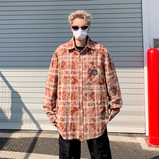 春季格子长袖衬衫翻领复古宽松情侣休闲衬衣男女夹克男，男装夹克，星座410-7