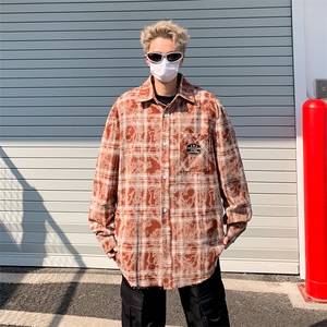 春季格子长袖衬衫翻领复古宽松情侣休闲衬衣男女夹克男图片