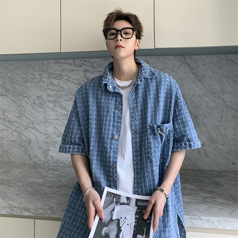 牛仔衬衫男破洞韩版潮流高街帅2022夏季新款ins宽松外套W2714-P48,男装衬衫,星座412-2