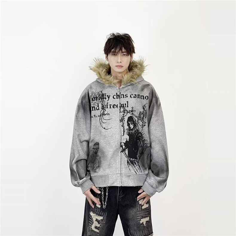 1506/QZL2080/P66美式复古重磅毛领连帽懒感开衫外套情侣款秋冬潮，女装短外套，星座1506