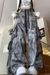 小众复古脏脏裤大口袋牛仔工装情侣高街宽松直筒阔腿裤A633p55图片