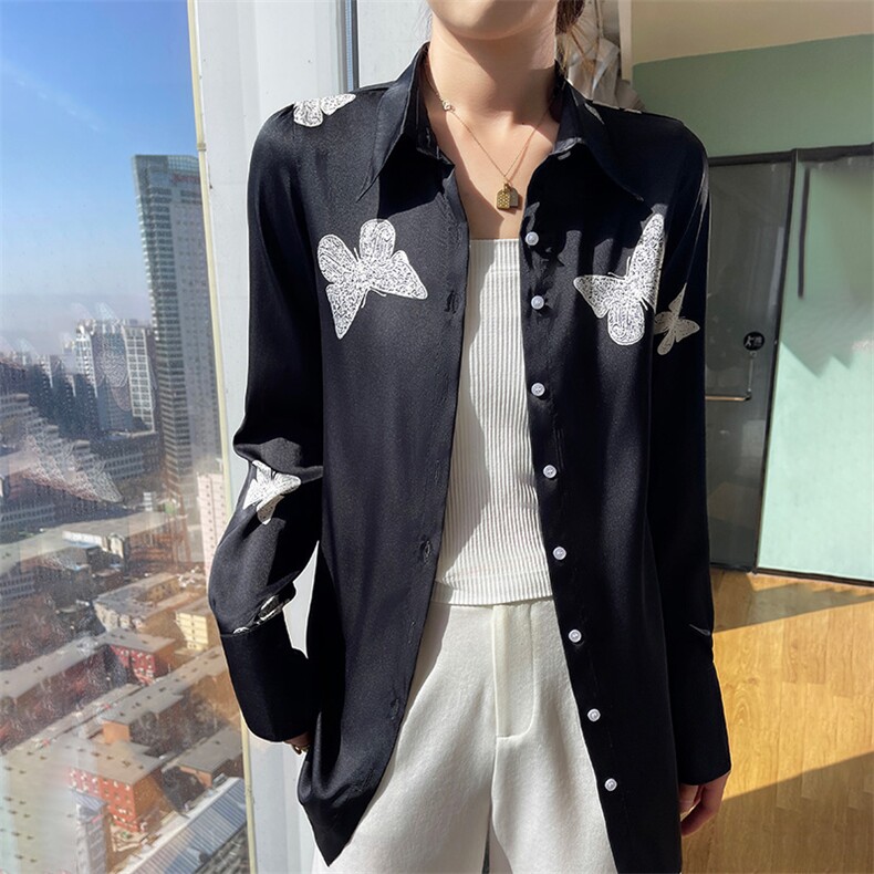 2024年秋季时尚气质百搭简约中长款印花衬衫，女装衬衫，朝贺羊绒