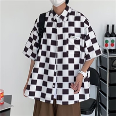 F183-P302024夏季新款棋盘格短袖衬衫男ins潮牌宽松半袖衬衣现货，男装衬衫，星座512-6