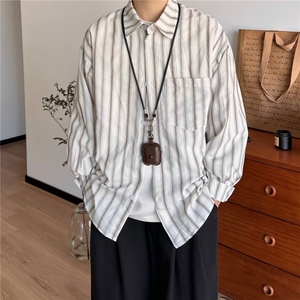 日系男美式简约复古竖条纹撞色宽松长袖衬衫男女春衬衣外套网图