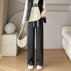 人字纹加绒阔腿裤秋冬新款毛呢开叉休闲裤子直筒羊毛窄版香蕉裤，女装休闲裤，云美莎专业女裤-全店现货