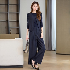 现货2025年秋新款季圆领马甲气质时尚洋气阔腿裤三件套，女装套装/套裙，时尚俏佳人