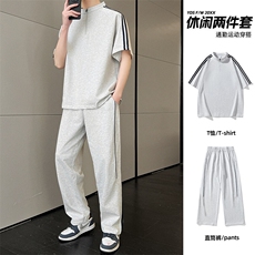 冰感重磅短袖套装男夏季宽松三杠半袖t恤衫长裤两件套，男装休闲套装，星座1206（原A206）