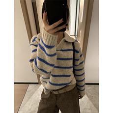 复古翻领条纹毛衣女秋冬慵懒风宽松长袖软糯针织衫上衣M5111，男装针织衫/毛衣，星座1116A（原606A-3）