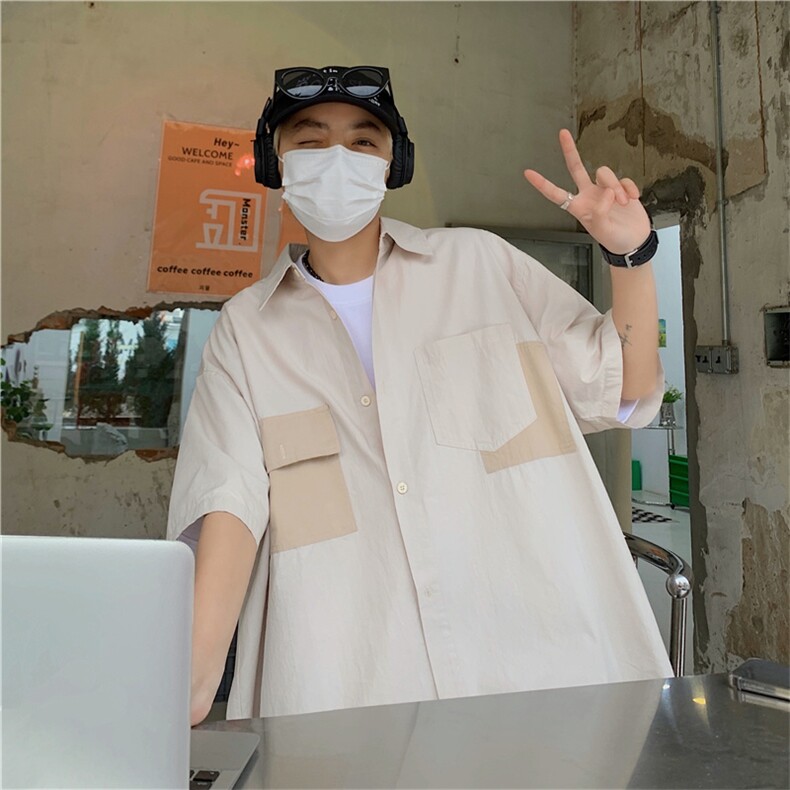 夏季立体袋衬衫男休闲潮流宽松夏季衬衣港风潮牌五分袖CS0774-P35,男装衬衫,星座308B-2