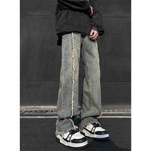 美式ins高街hiphop重工艺水洗毛边牛仔裤货号K712P65图片