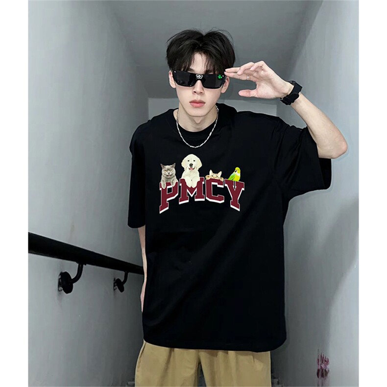 抖音得物供货210克现货宽松纯棉美式潮牌印花落肩袖纯棉T恤AT2156,男装T恤,电商A443