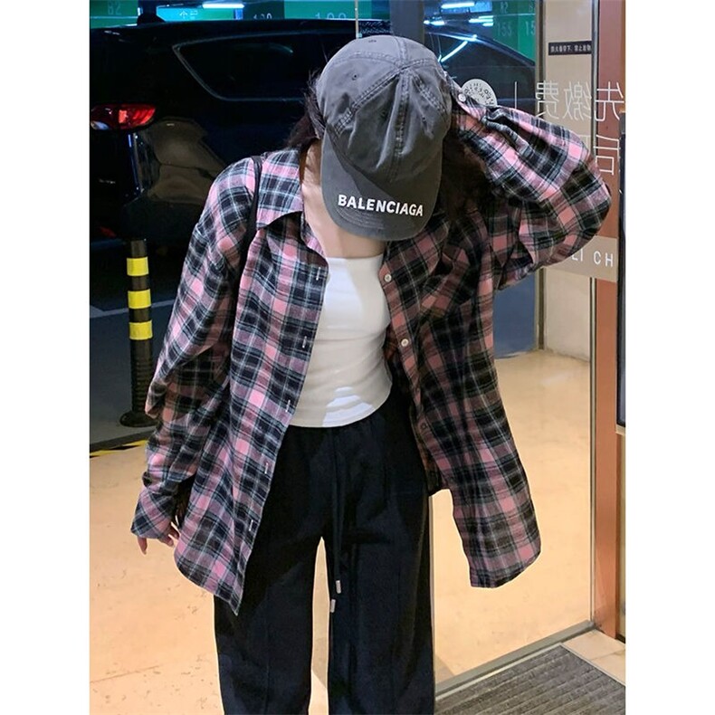 美式格子慵懒粉色长袖宽松衬衫秋季新款设计小众外套休闲上衣,男装衬衫,星座1210-1
