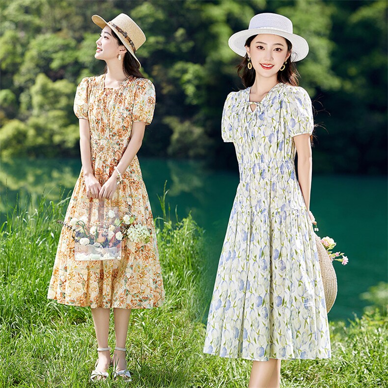 法式气质郁金香碎花连衣裙女2026夏季新款修身泡泡袖V领纯棉裙子,女装连衣裙,倪叶myz